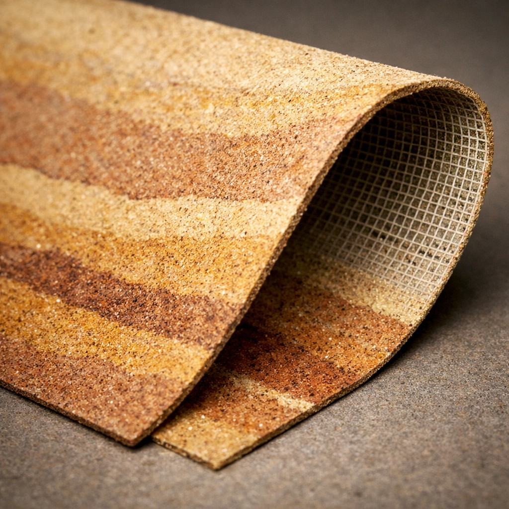 A lightweight rammed earth flexible stone panel showing organic texture and 2mm thinness.