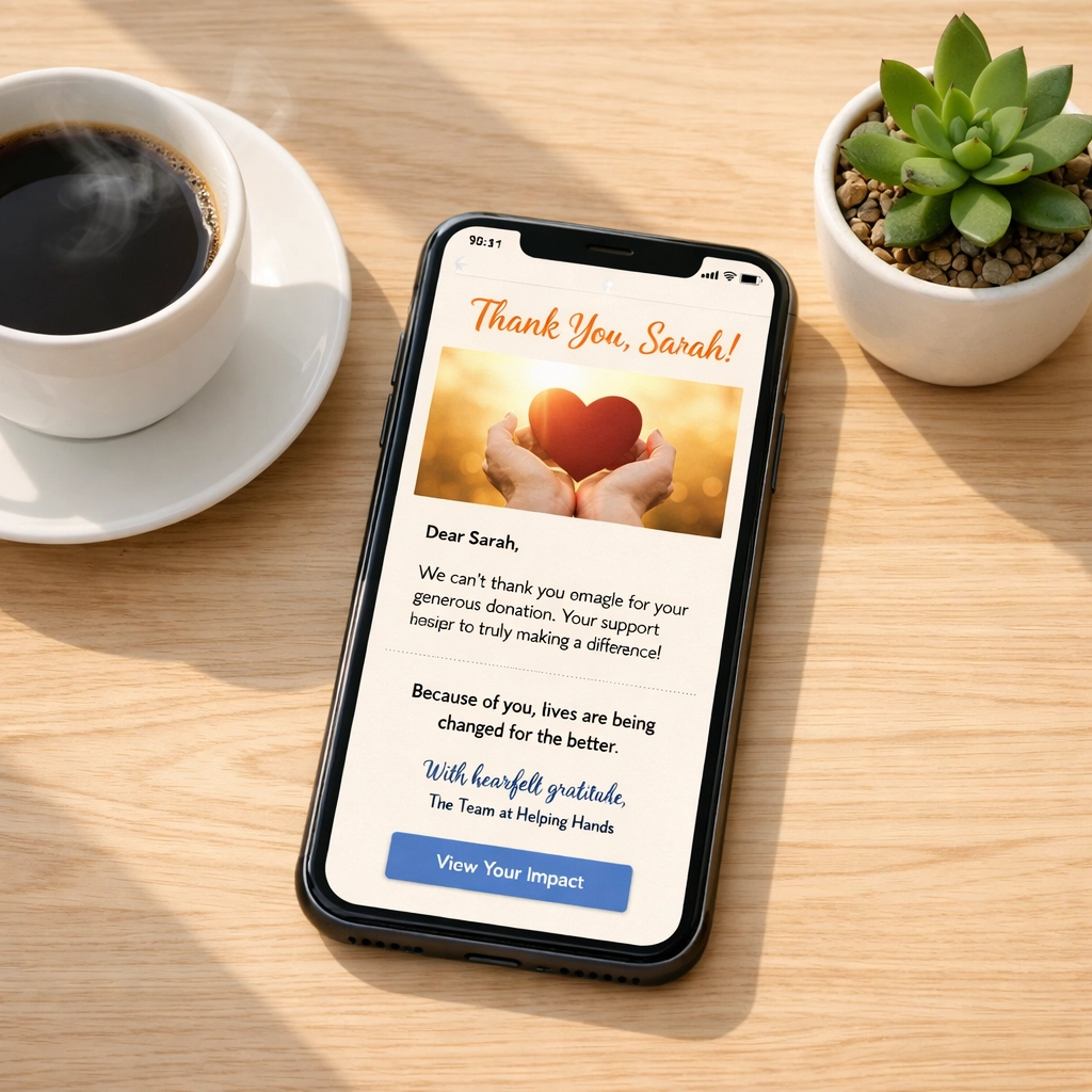 Automated donor thank-you email displayed on smartphone for nonprofit stewardship