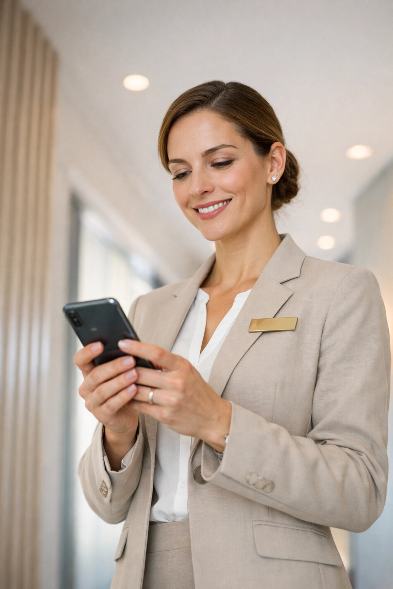 A hotel professional using mobile hotel management software to streamline operations and guest service.