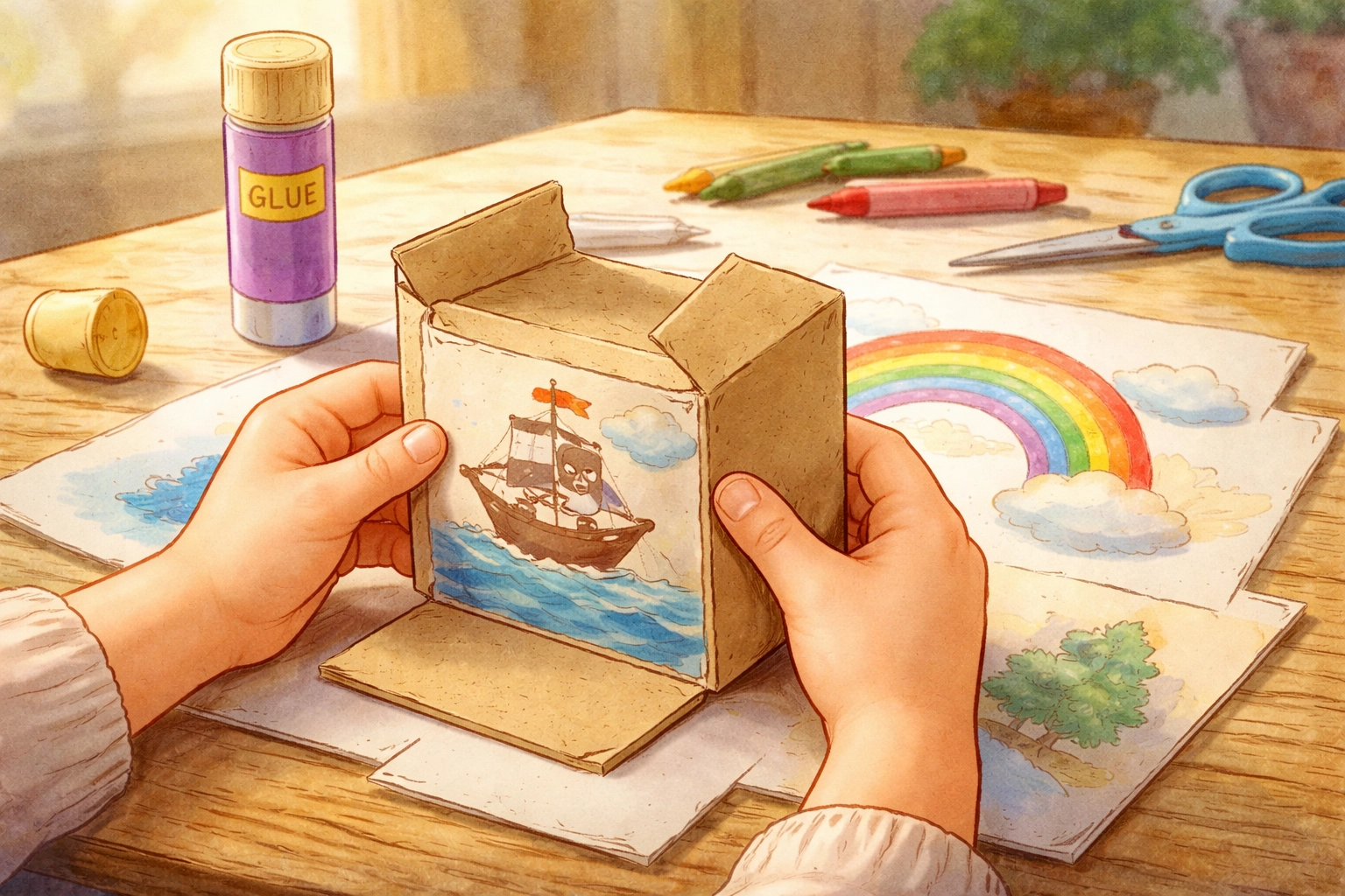 Children's hands folding and gluing a cardboard cube template to create DIY story-starter dice