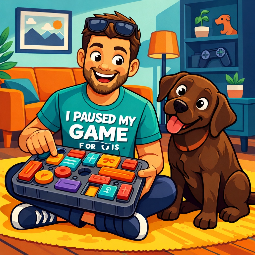 A pet parent in a funny T-shirt engages a chocolate Labrador with a colorful interactive dog puzzle toy.