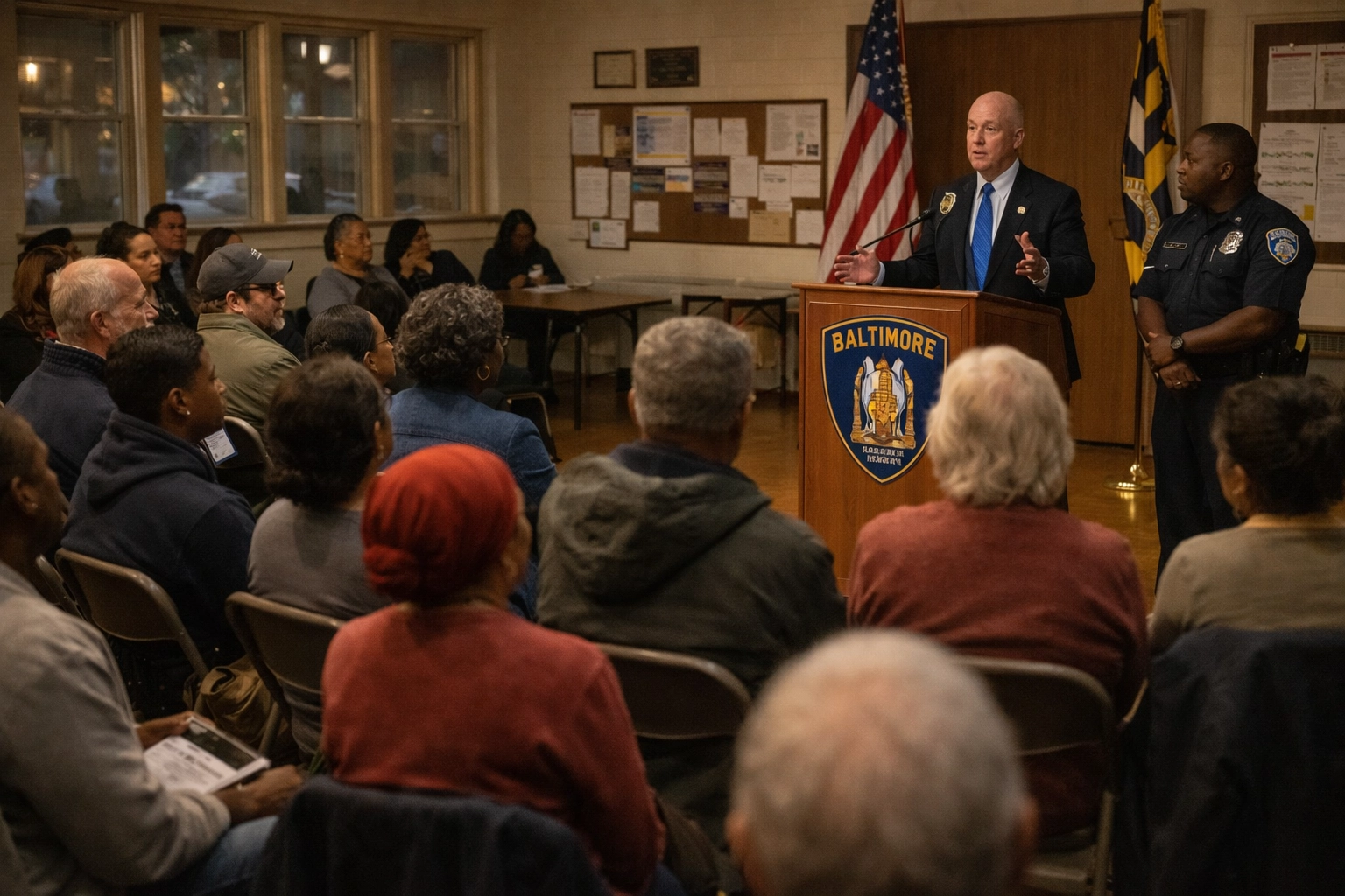 Baltimore community town hall with city officials and a public safety liaison discussing neighborhood priorities