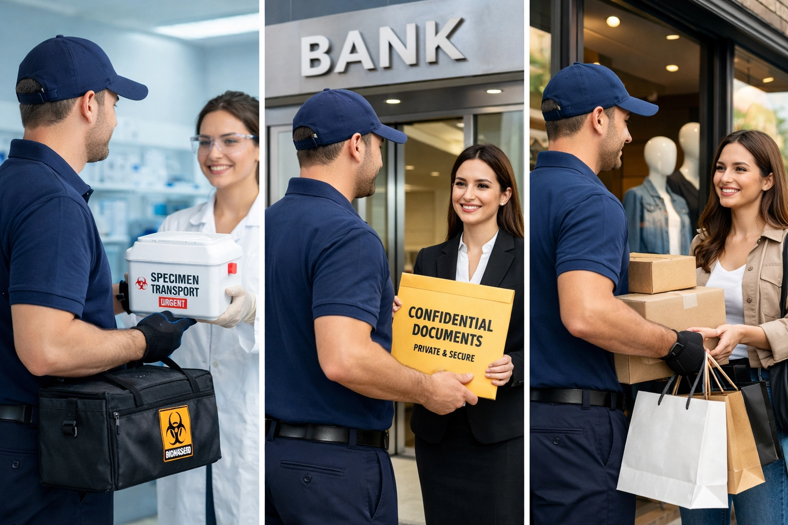 Multi-industry courier services: medical lab delivery, bank document transport, and retail shipments
