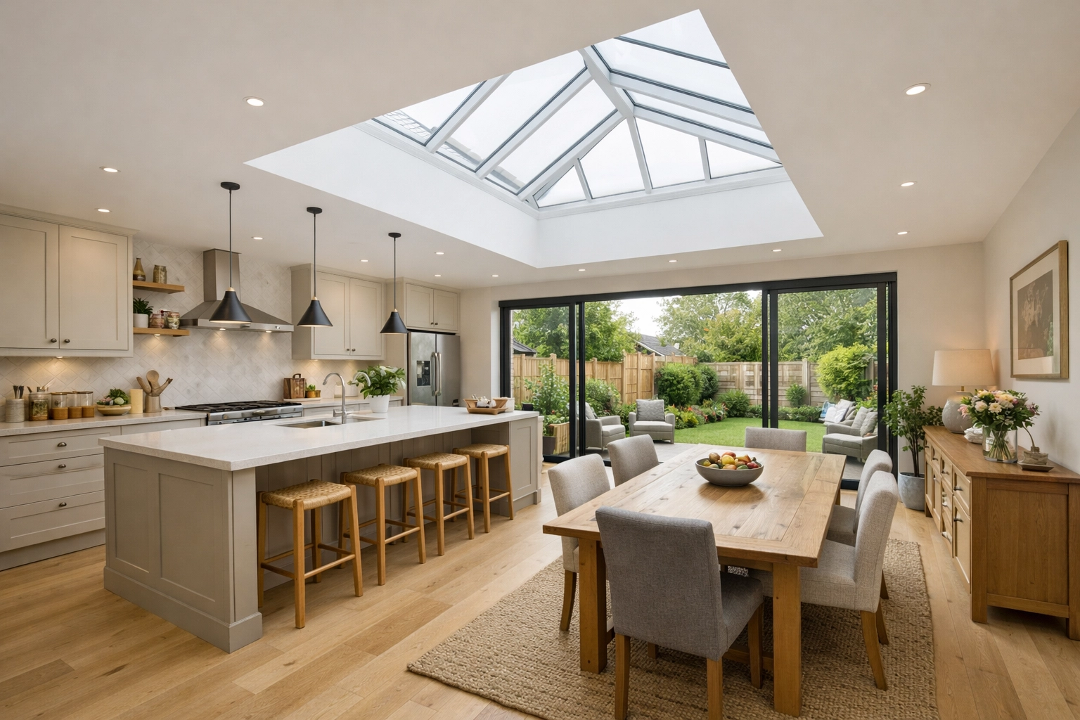 Completed open-plan kitchen extension in a London home with high-quality finishes and natural light.