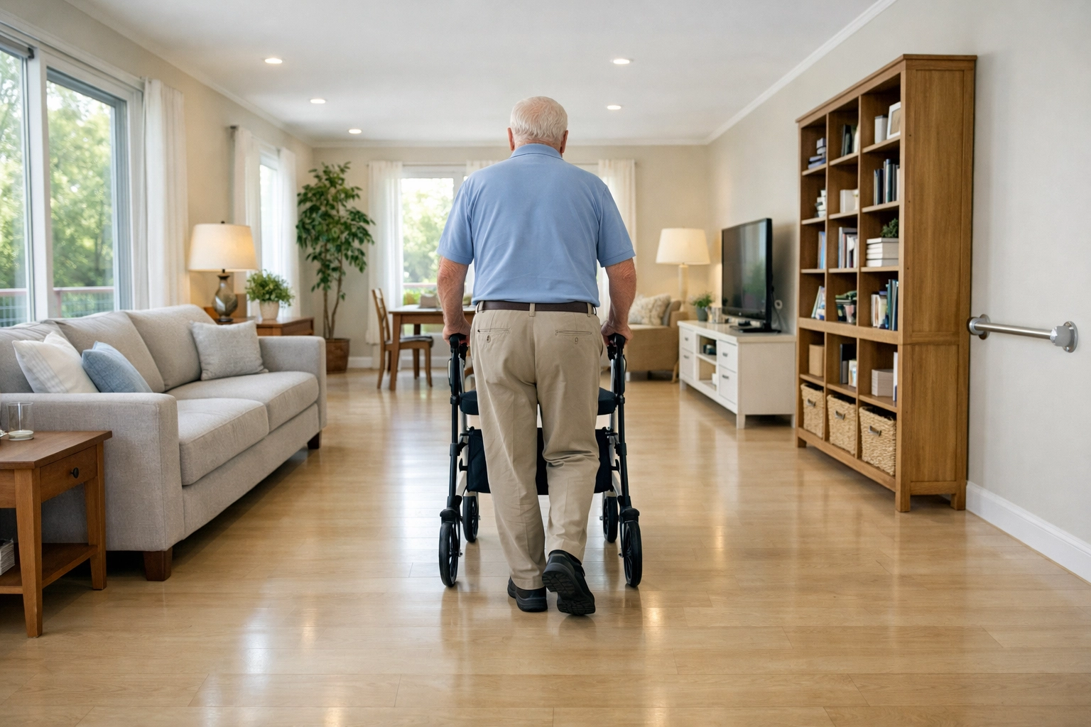 Senior man safely using a rollator walker in a bright, clutter-free living room with wide paths.