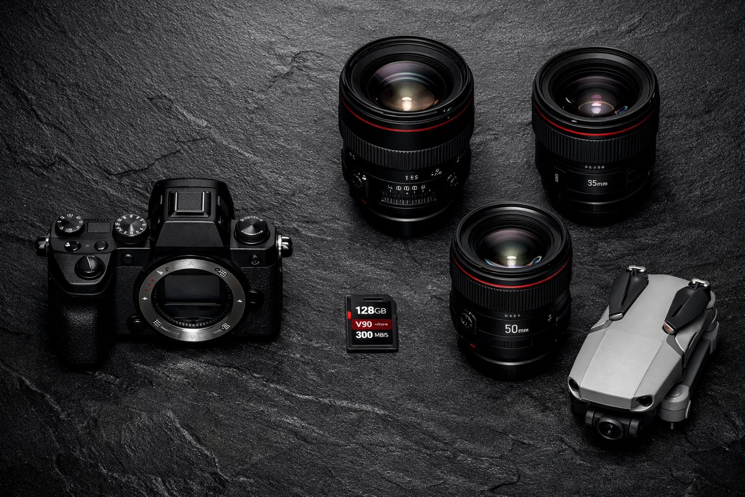 A professional photography gear layout featuring a mirrorless camera, prime lenses, and a drone on a dark surface.