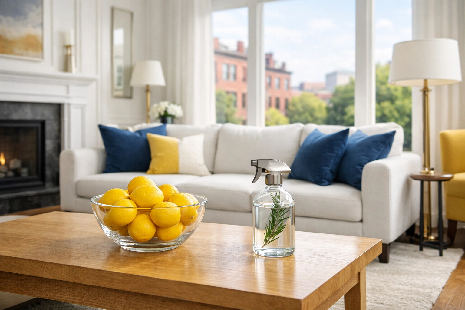 Eco-friendly maid service Fenway: A bright living room cleaned with natural, non-toxic products.