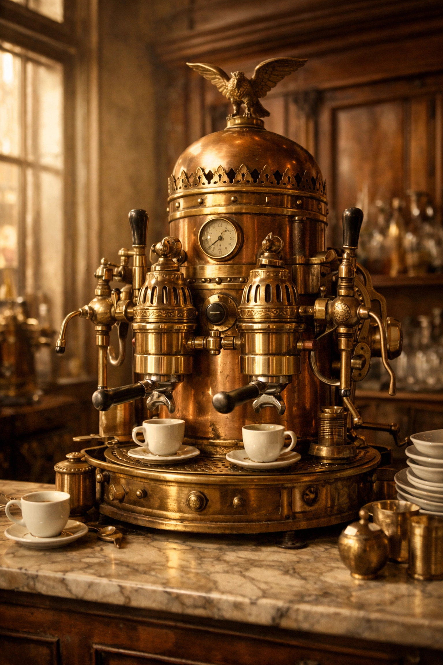 Antique Italian espresso machine from early 1900s in vintage café setting