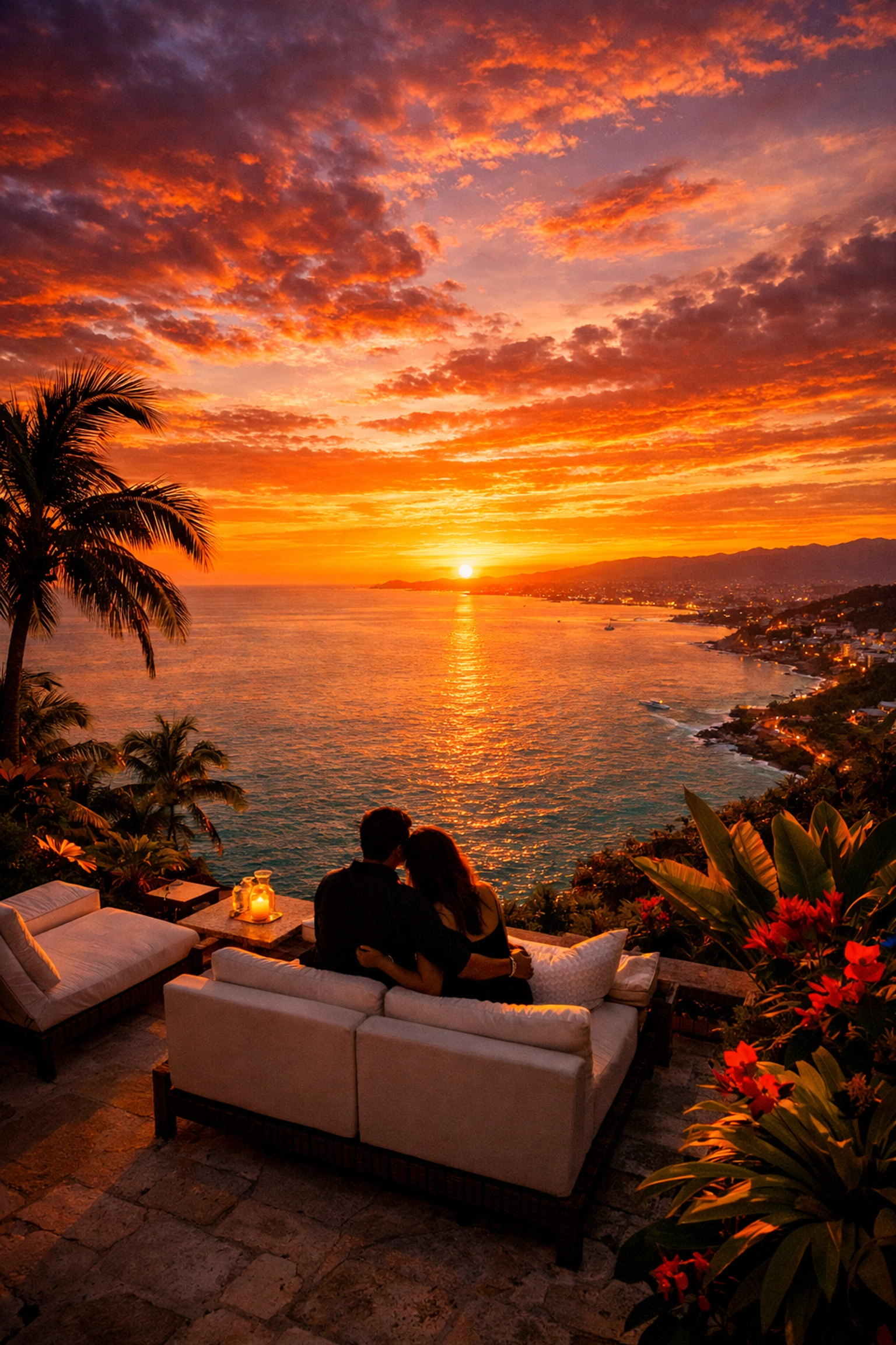Couple enjoying sunset from private terrace in Amapas Puerto Vallarta overlooking Bay of Banderas