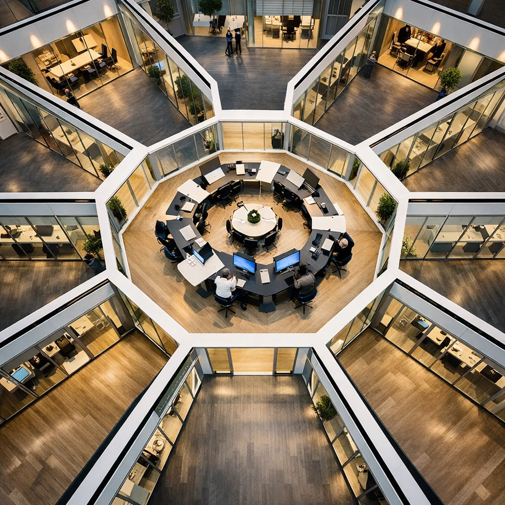 Hub-and-spoke office design showing Dakdan's centralized operations model for multi-industry consulting