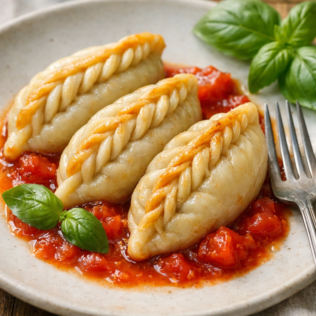 Traditional Sardinian culurgiones pasta with hand-crimped wheat spike pattern