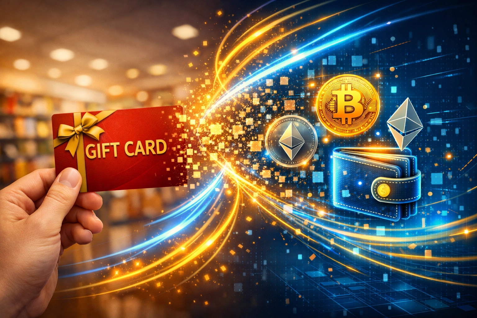 Gift card transforming into cryptocurrency coins bridging traditional and digital payments