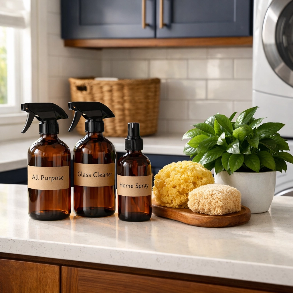 Eco-friendly residential cleaning Massachusetts supplies on a quartz counter in a luxury Dover utility room.