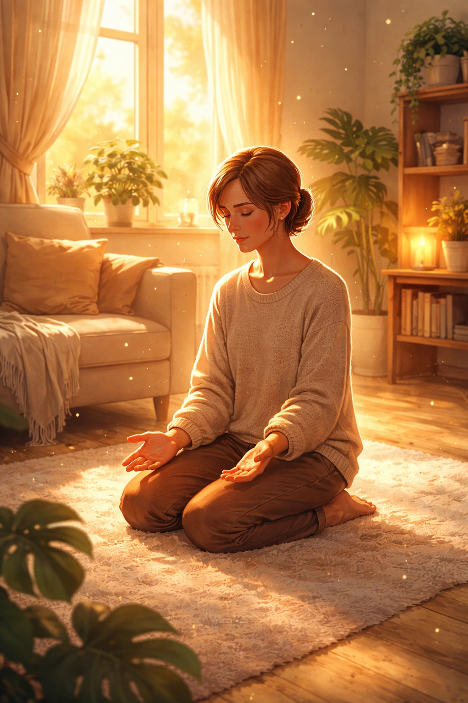 A person kneeling in prayer in a cozy room, bathed in soft golden light, showing openness to the Holy Spirit.