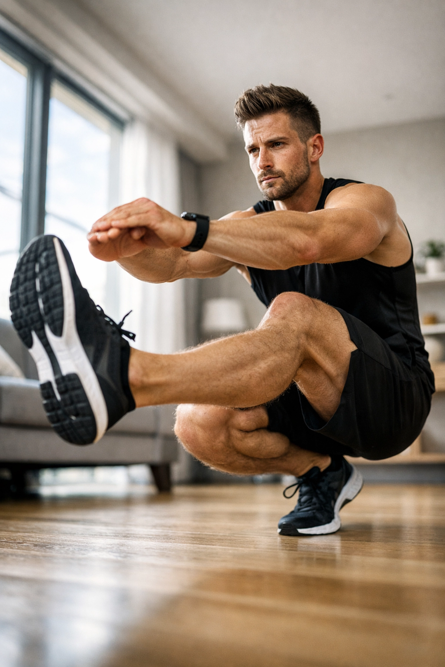 Athlete performing single-leg pistol squat in home living room demonstrating bodyweight leg training