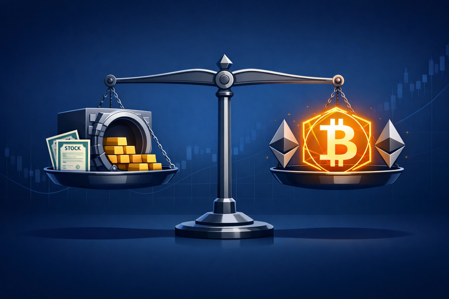 Balanced scale comparing traditional investment assets with Bitcoin and cryptocurrency allocation