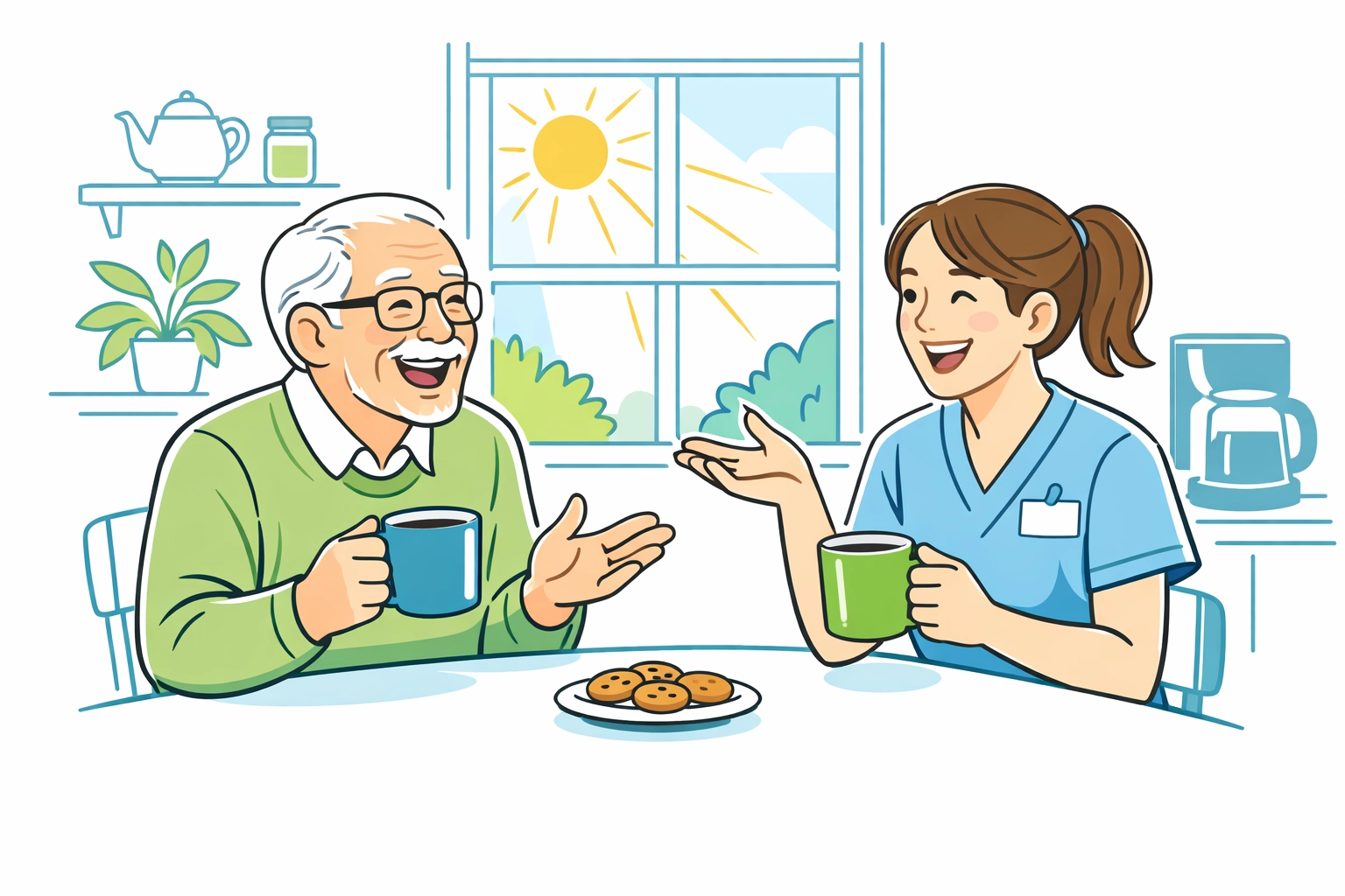 Caregiver and elderly man enjoying conversation over coffee showing companion care benefits