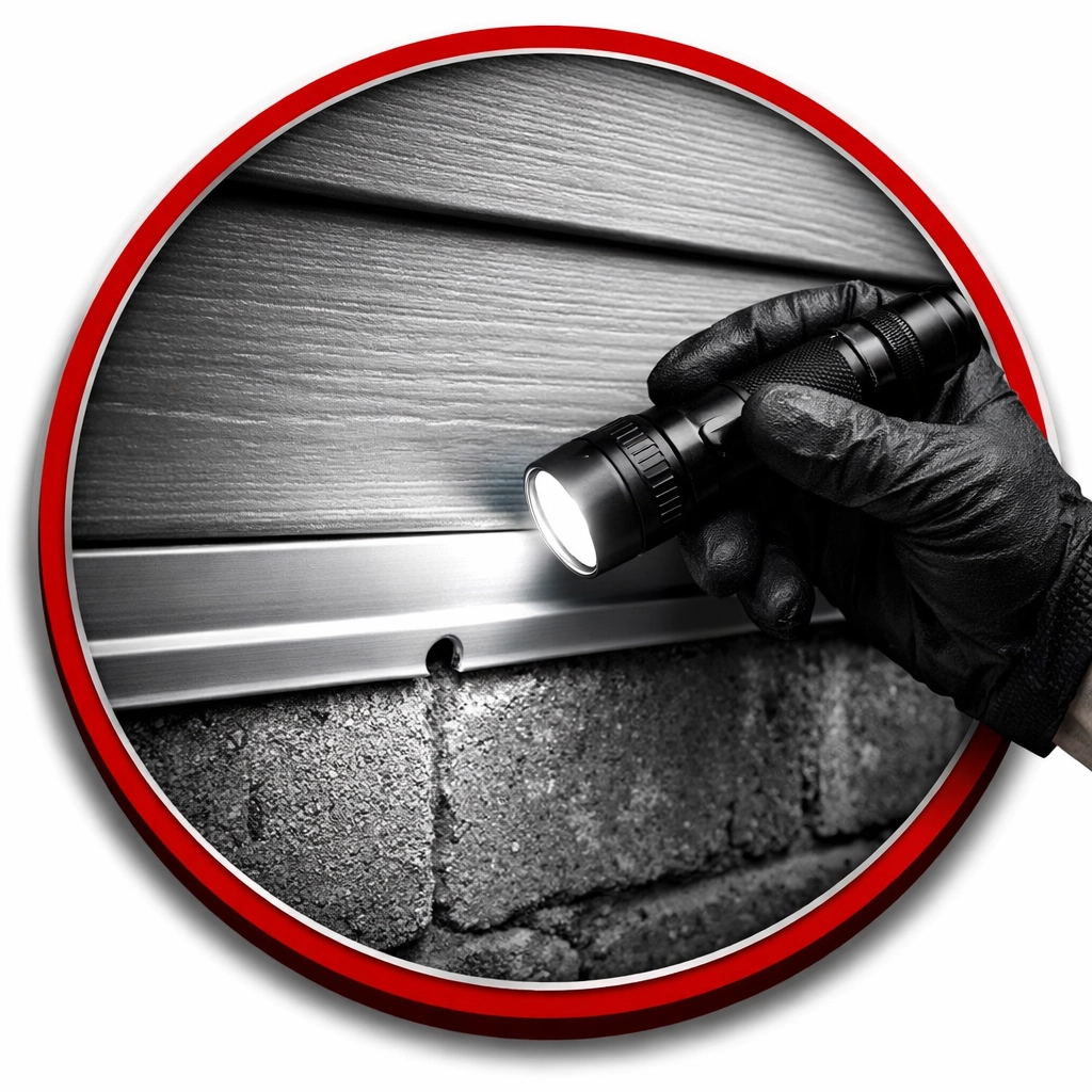 Pest control technician inspecting a sealed j-trim on a Coolidge home to ensure exclusion.