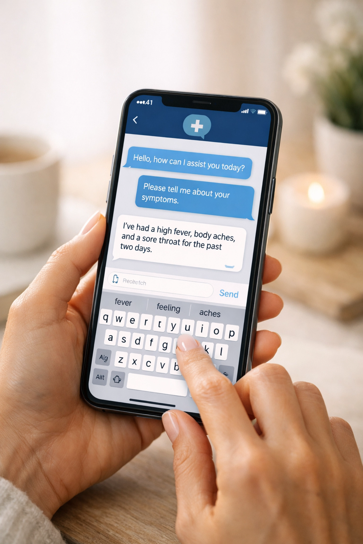 A patient uses secure medical messaging on a smartphone to describe symptoms for an online urgent care consultation.