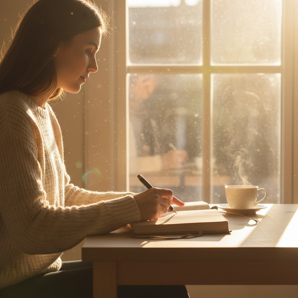 Lady at her window writing while the sun comes up.