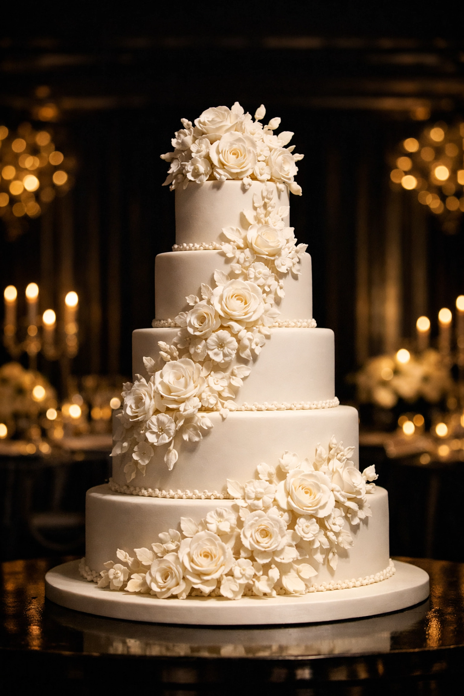 Professional pin spotting by an event production company highlighting a wedding cake at a luxury reception.
