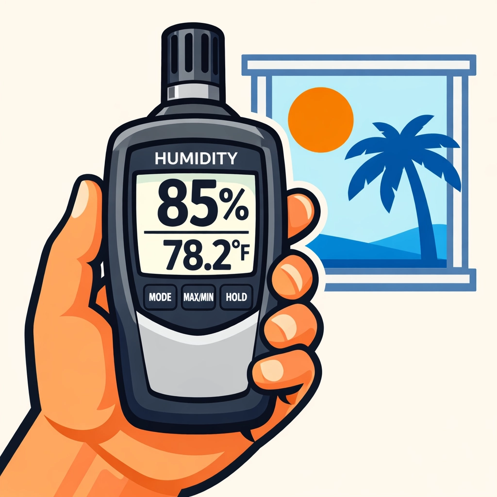 Professional digital hygrometer tracking moisture levels in a Venice Florida condominium.
