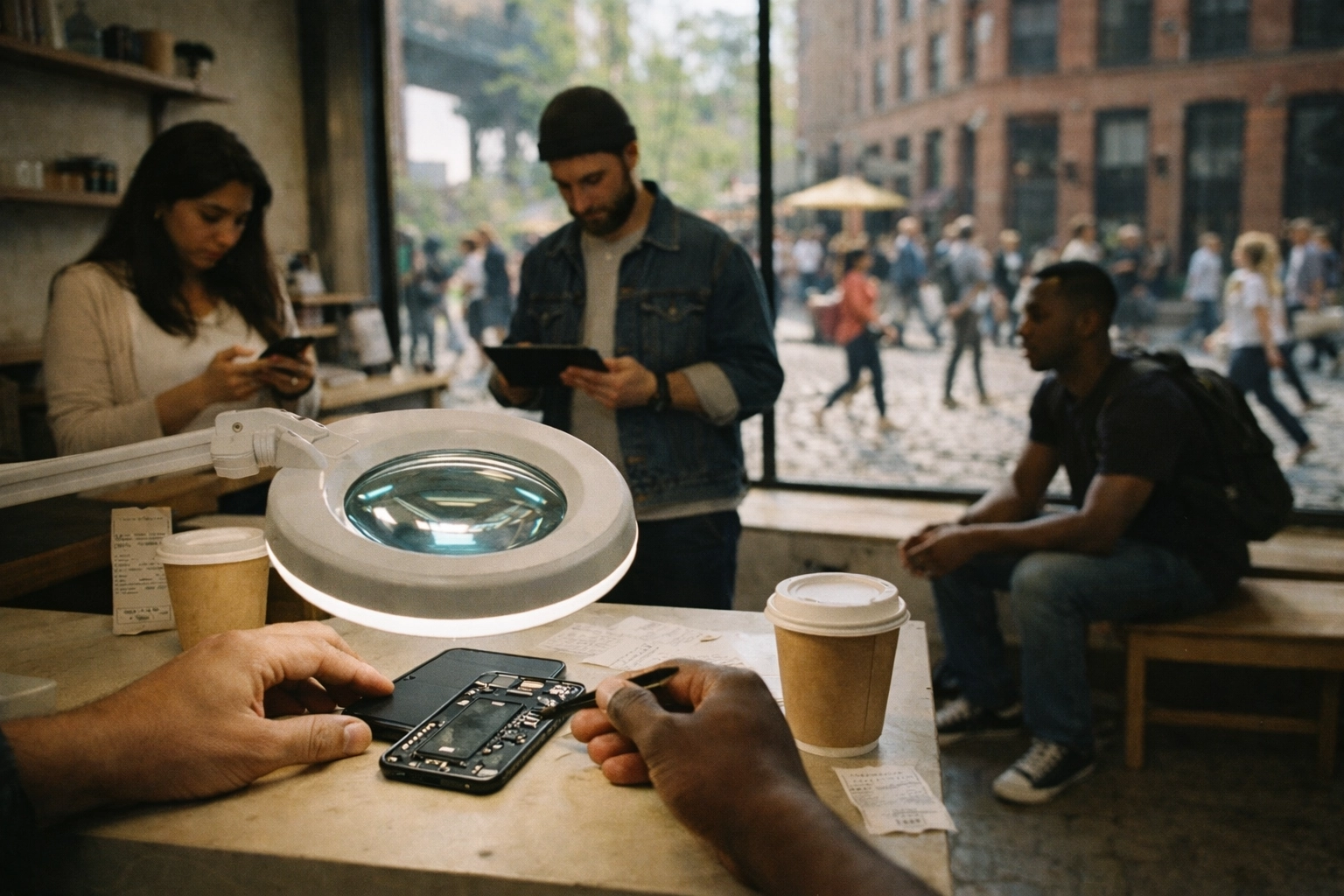 Brooklyn phone repair shop interior with customers at Repaired Collective service counter
