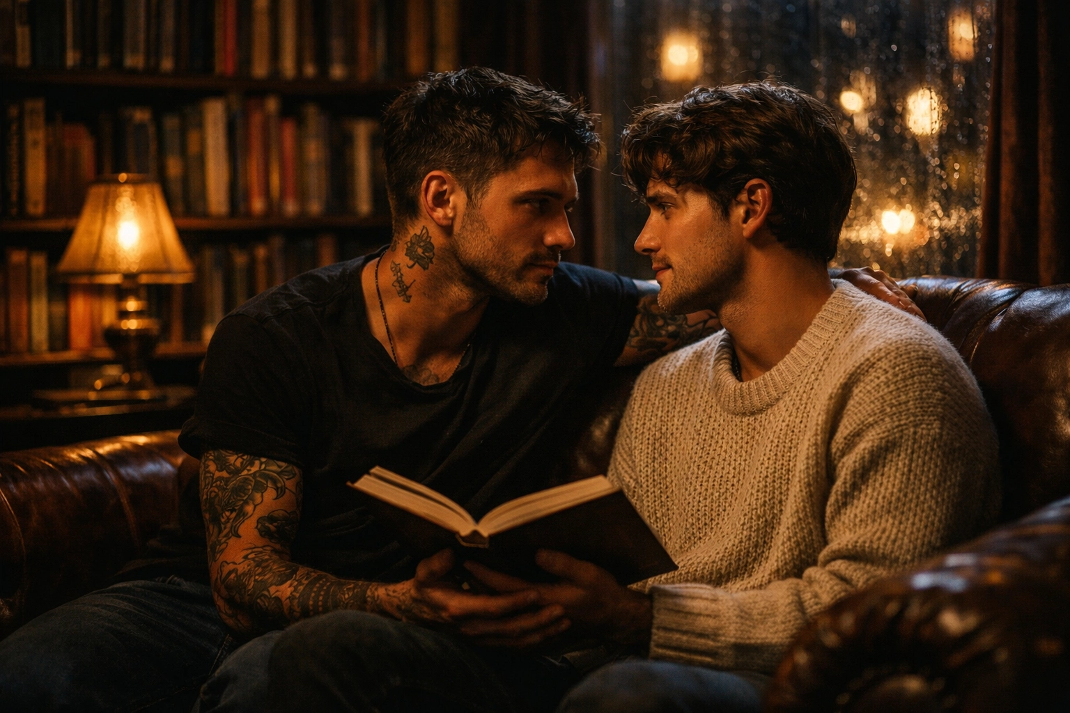 Two men sharing an intimate moment in a library, illustrating friends to lovers mm romance stories.