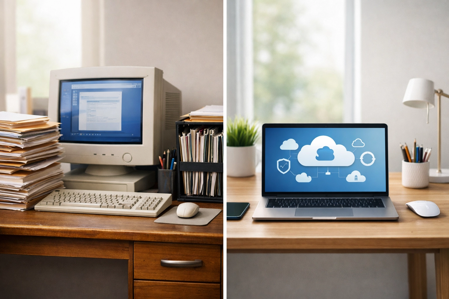 Evolution from paper files to cloud-based systems showing modern cyber insurance needs