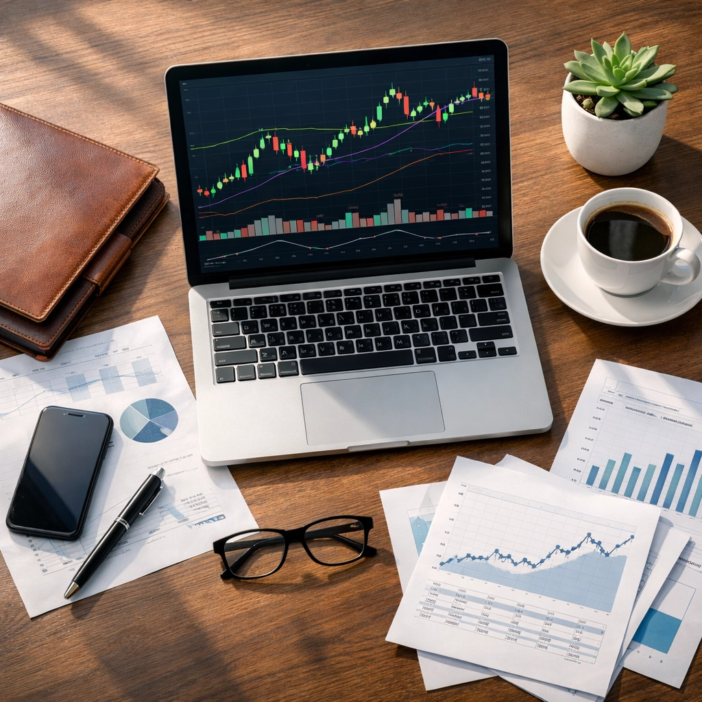 Investment desk with stock charts and financial documents for analyzing AI technology stocks