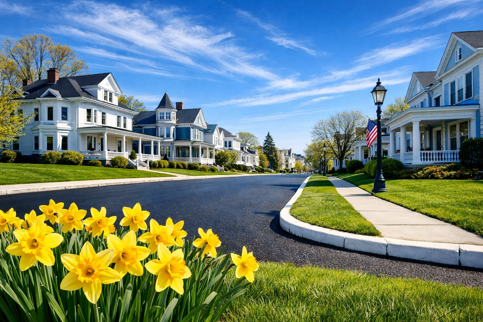 A clean, pristine residential street in Worcester, Massachusetts, during the spring cleaning season.