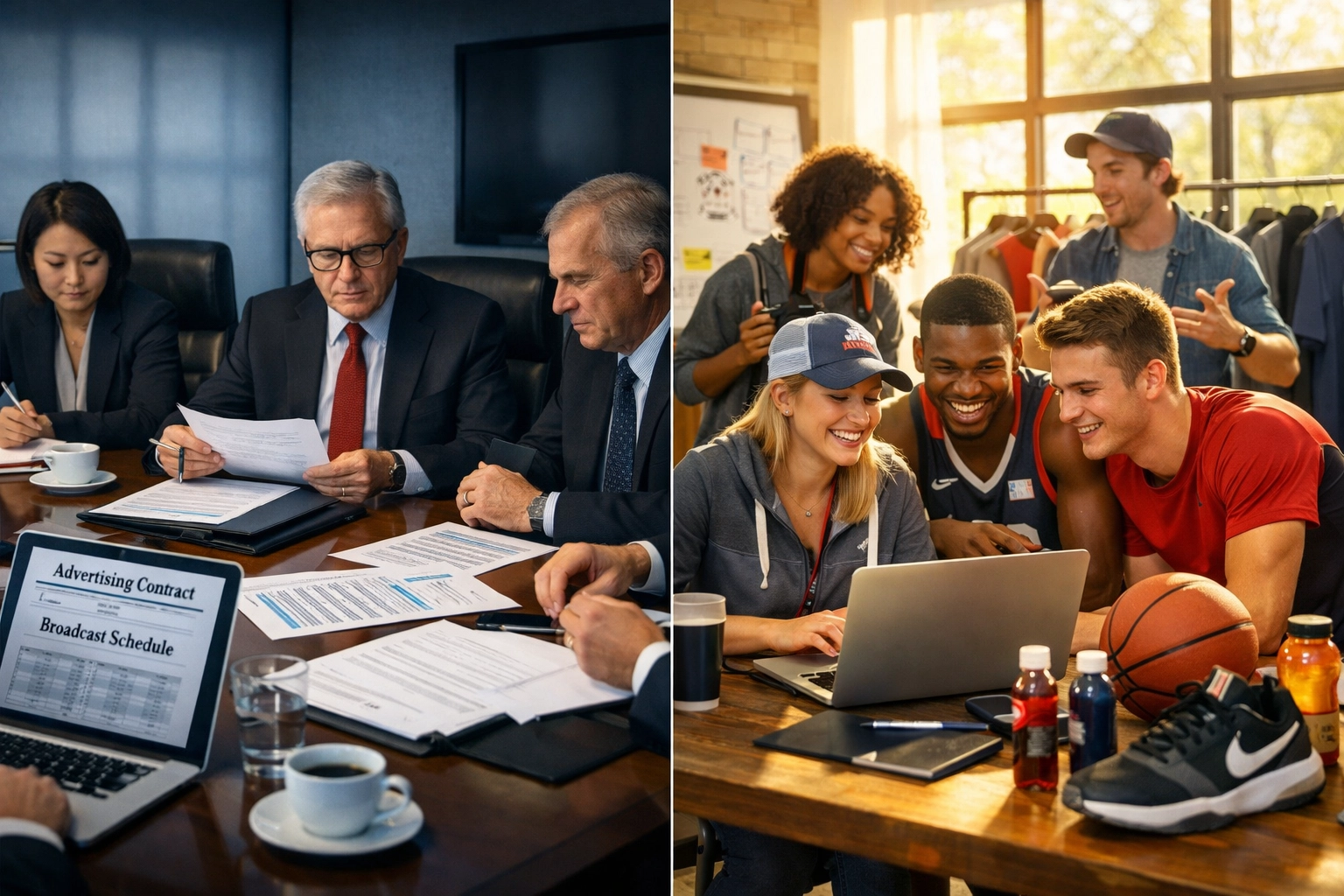 Traditional advertising meetings versus modern NIL brand-athlete collaboration approaches side by side