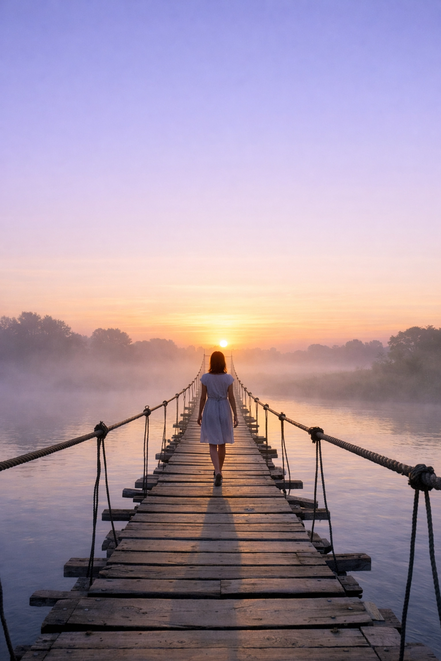 Woman walking across a bridge at dawn, symbolizing the journey from performance to true belonging in midlife.