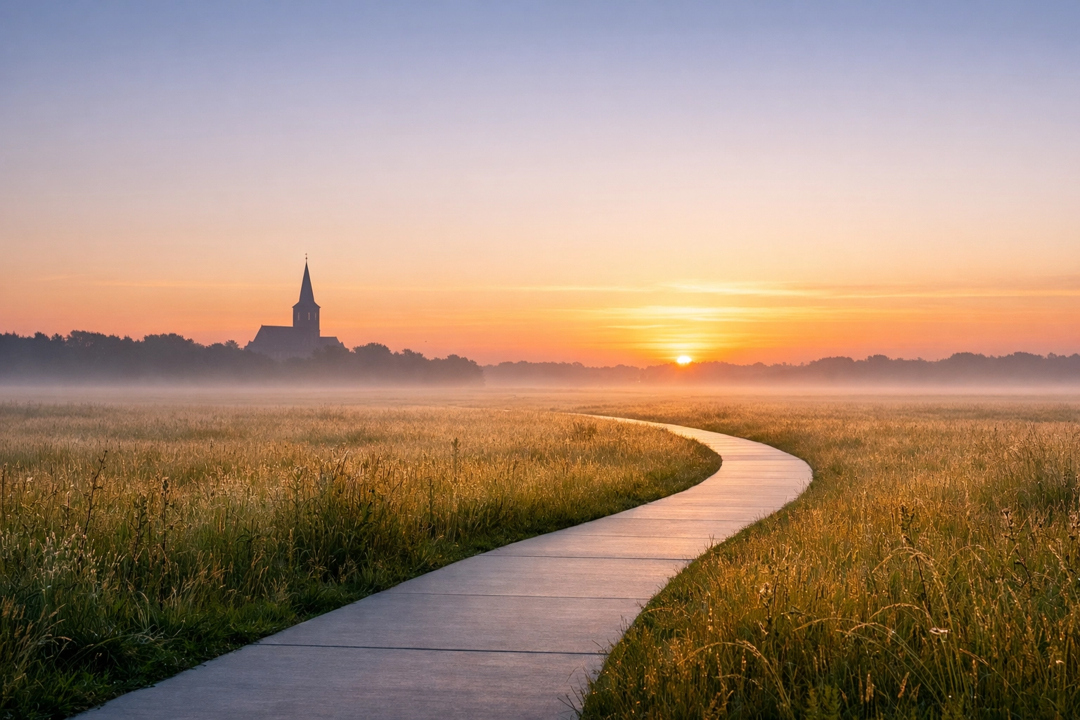 A walking path leading away from a church steeple, symbolizing the rise of religiously unaffiliated Nones.