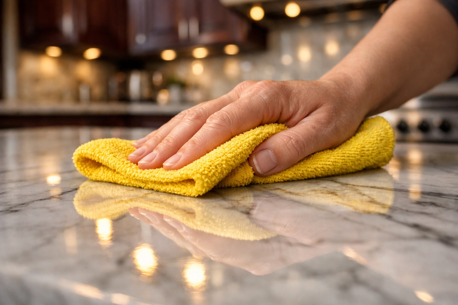 Detailed residential cleaning Massachusetts of a luxury marble kitchen island for a streak-free finish.