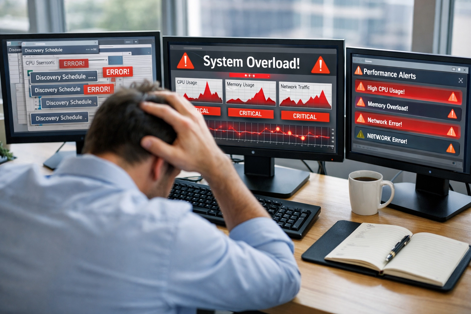 IT administrator monitoring overlapping ServiceNow discovery schedules causing MID server performance issues