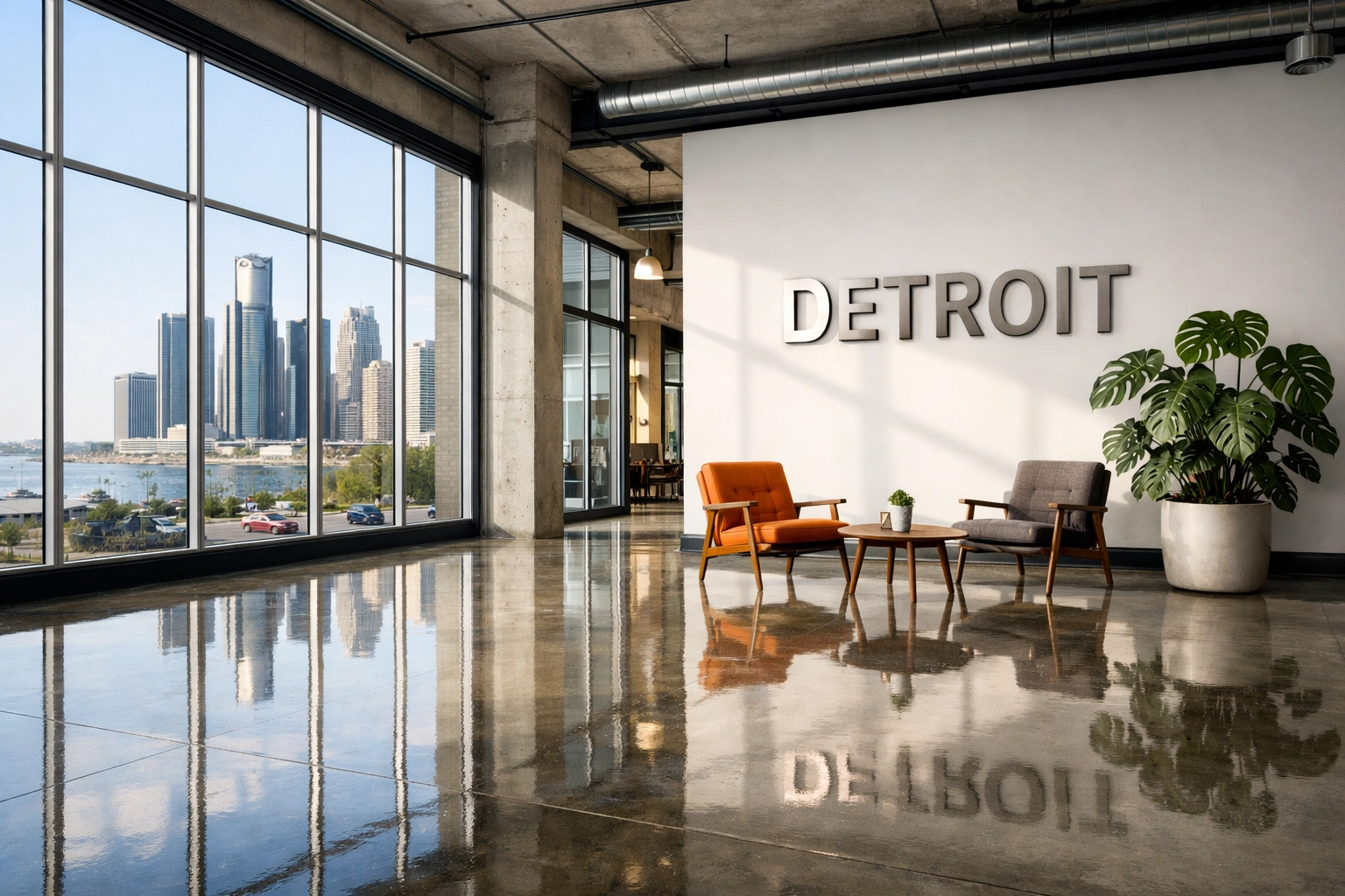 Polished concrete floors in a clean, modern Detroit office lobby reflecting professional janitorial standards.