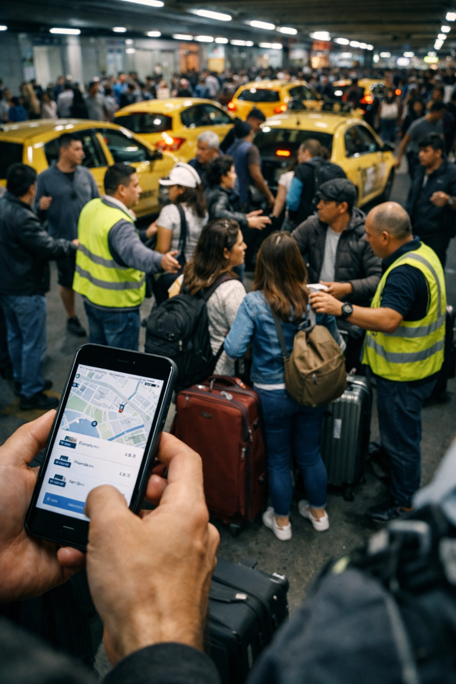 Chaotic Medellin airport arrivals with unofficial taxi drivers approaching tourists with luggage