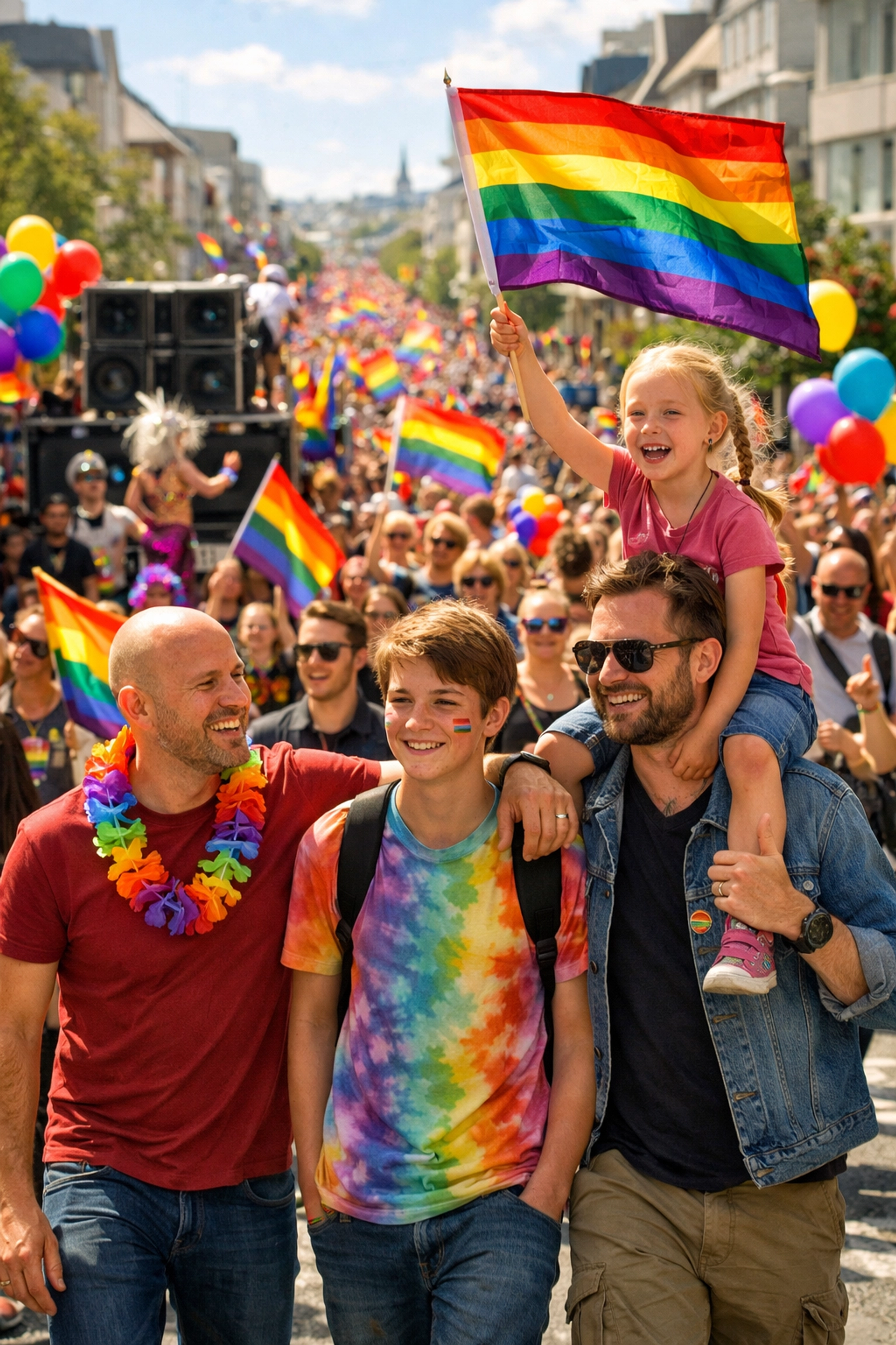 LGBTQ+ families marching together at Reykjavik Pride parade with rainbow flags