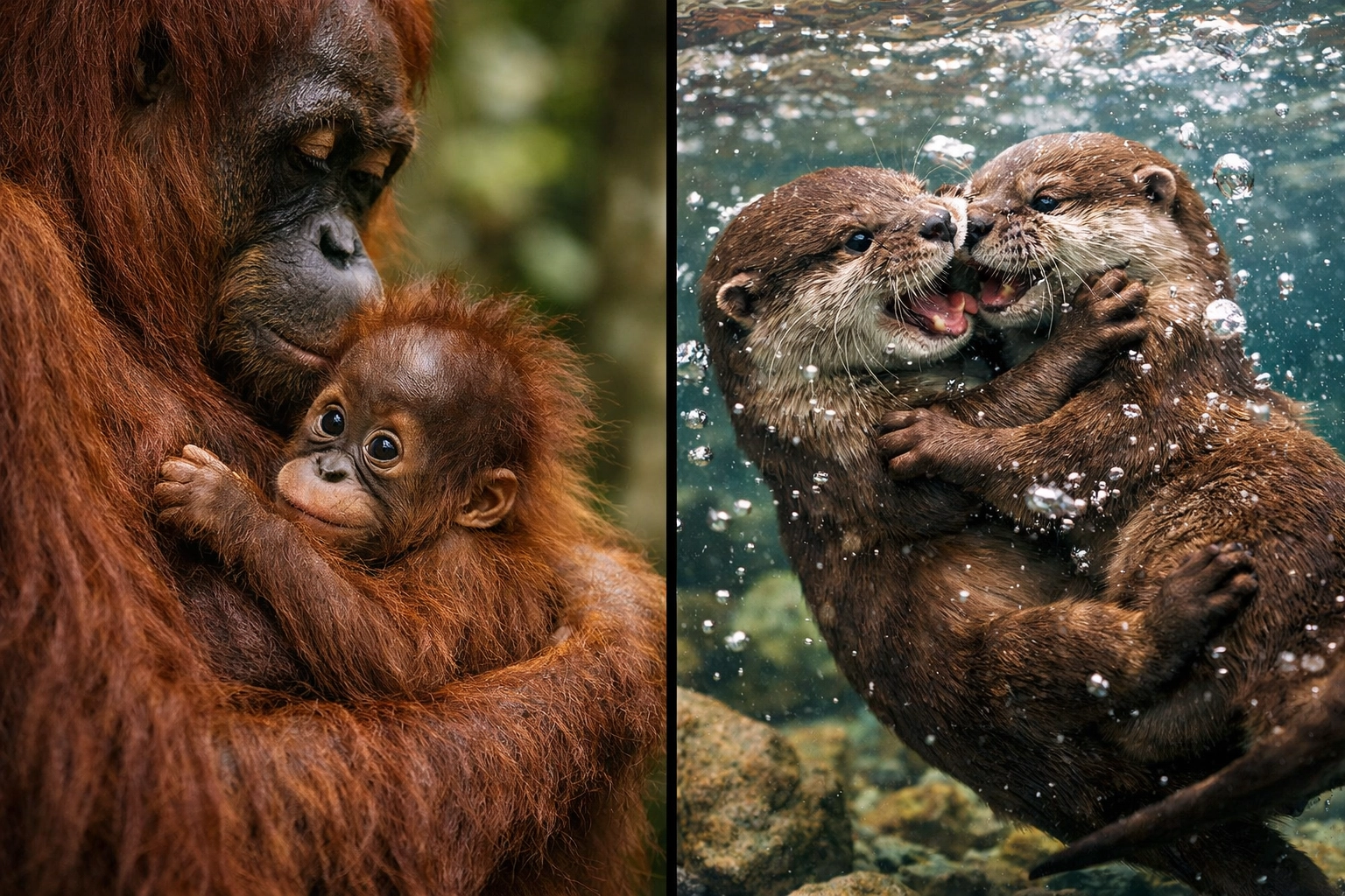 Baby orangutan with mother and playful otters showing emotional zoo content for Instagram