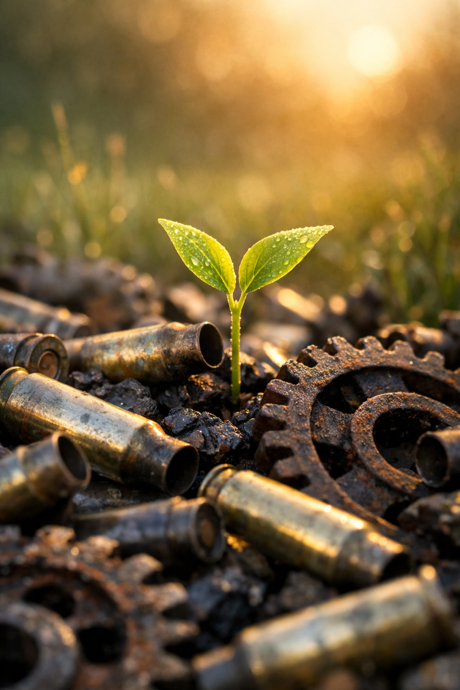 A green seedling growing from discarded shell casings, representing a shift toward a peaceful world economy.