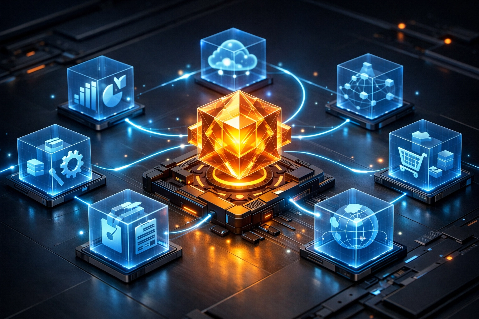 A central custom software core powering AI automation and business process modules for small business growth.