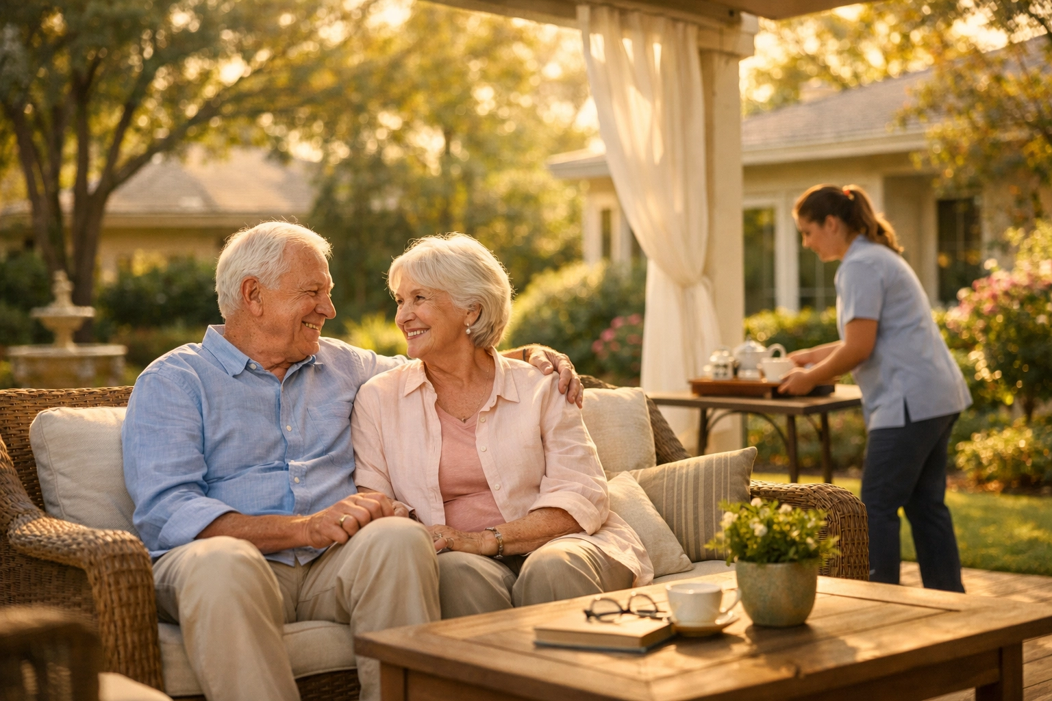 A happy senior couple enjoying peace of mind at home with support from a top home health agency in Houston TX.