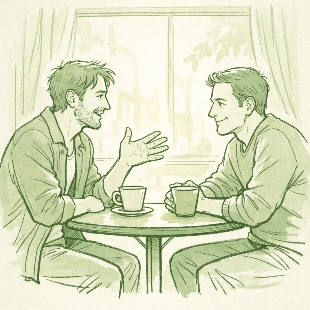 Two men in intimate café conversation - gay romance connection and authentic communication