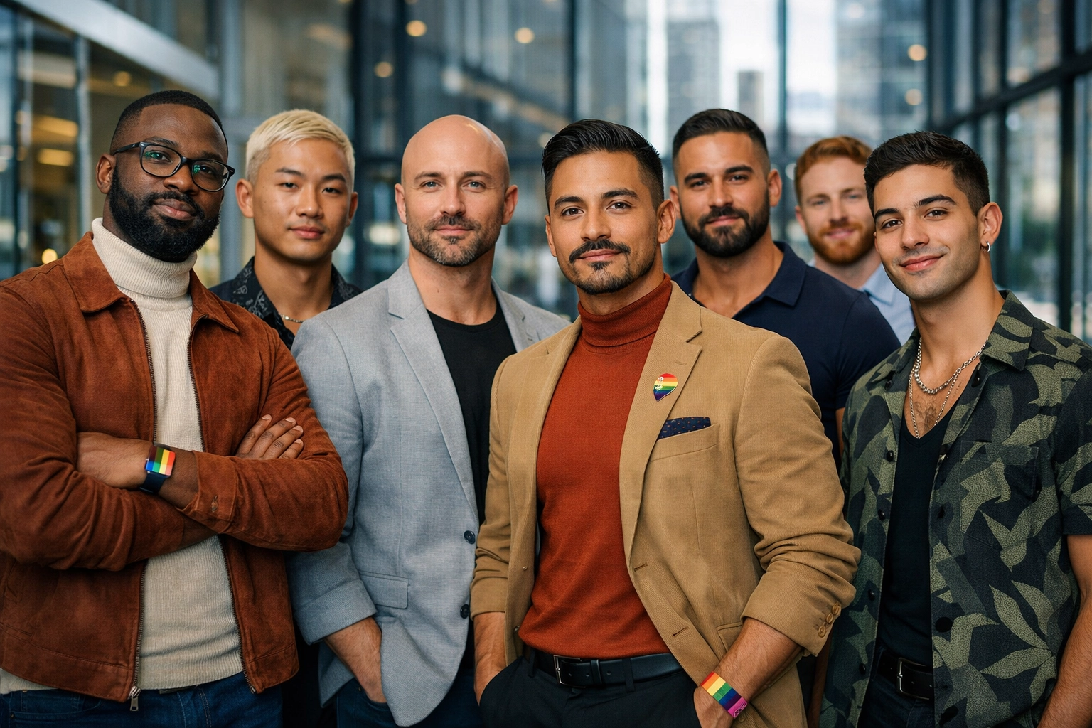 Diverse gay and queer professionals standing together, illustrating intersectional identity in the modern workplace.