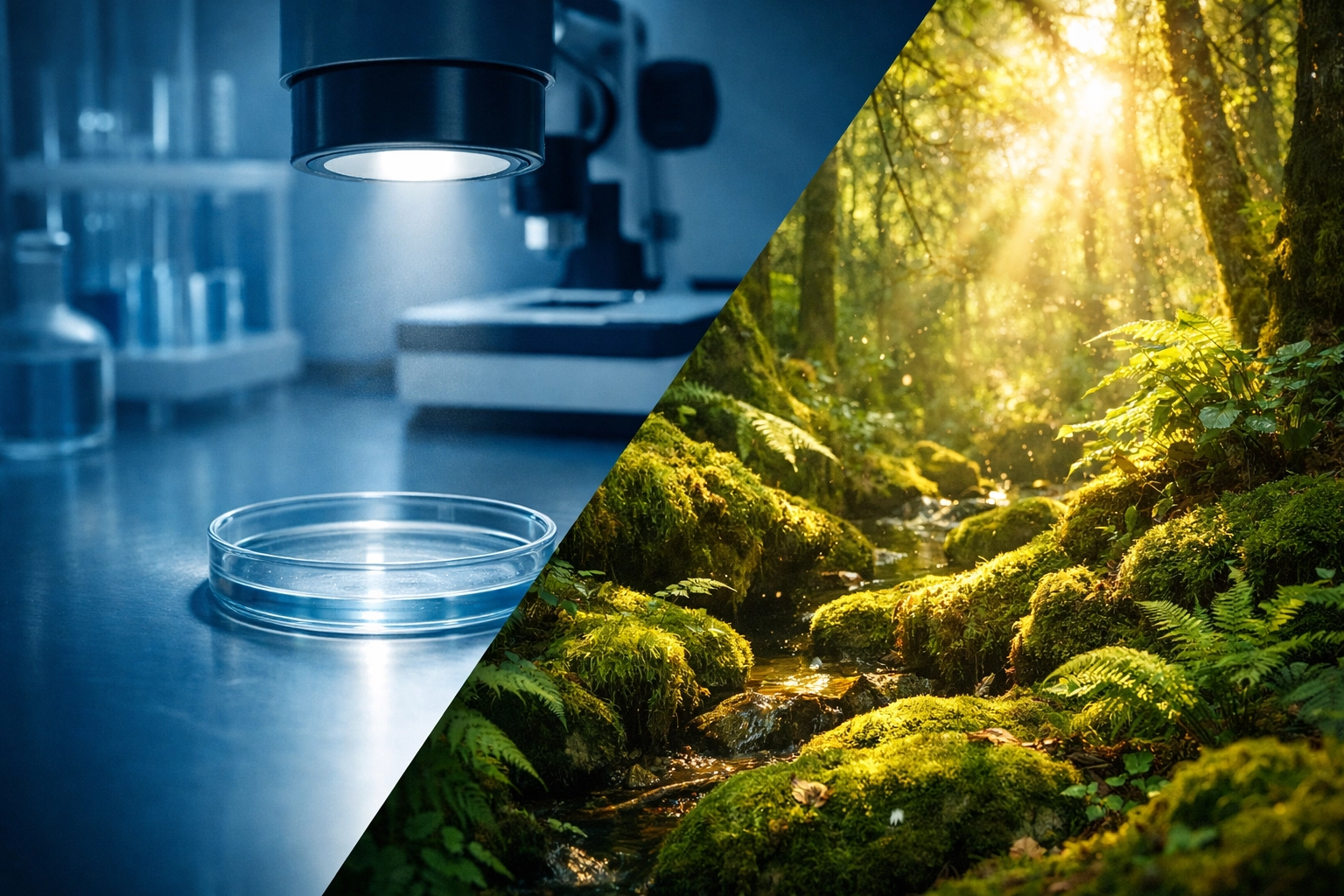 Comparaison entre la biologie de laboratoire et l'écosystème naturel pour une vision globale de la santé.
