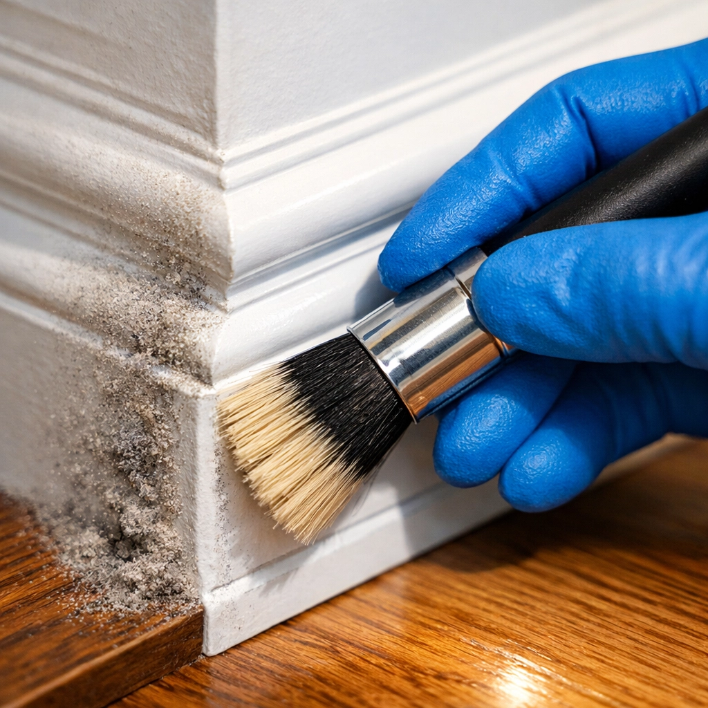 Professional deep cleaning in Medfield MA focusing on detailed hand-wiping of white baseboards.