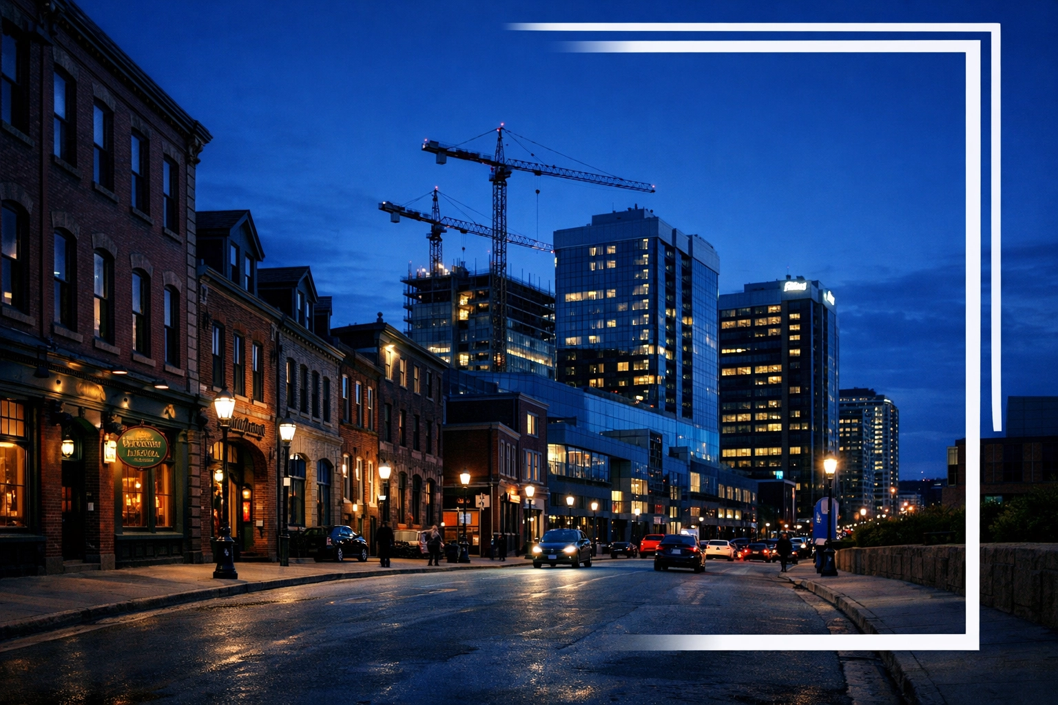 Halifax streetscape with construction cranes representing the evolving Maritimes economy and housing.