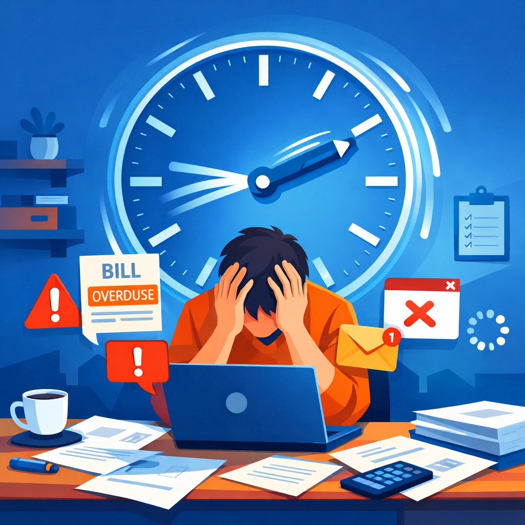 Small business owner frustrated by IT issues wasting time at desk with error notifications