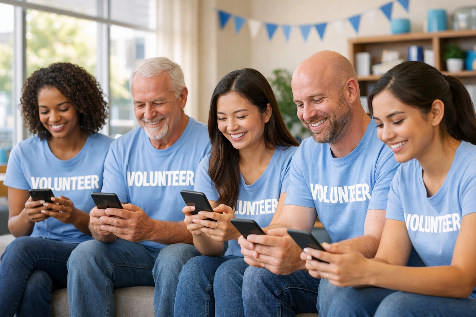 Nonprofit volunteers reviewing text messages on smartphones in community center